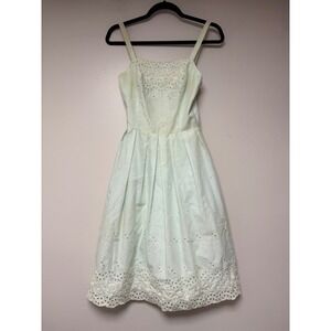 Lanz Originals Vintage Mint Green Eyelet Midi Dress Square Neck Button Back